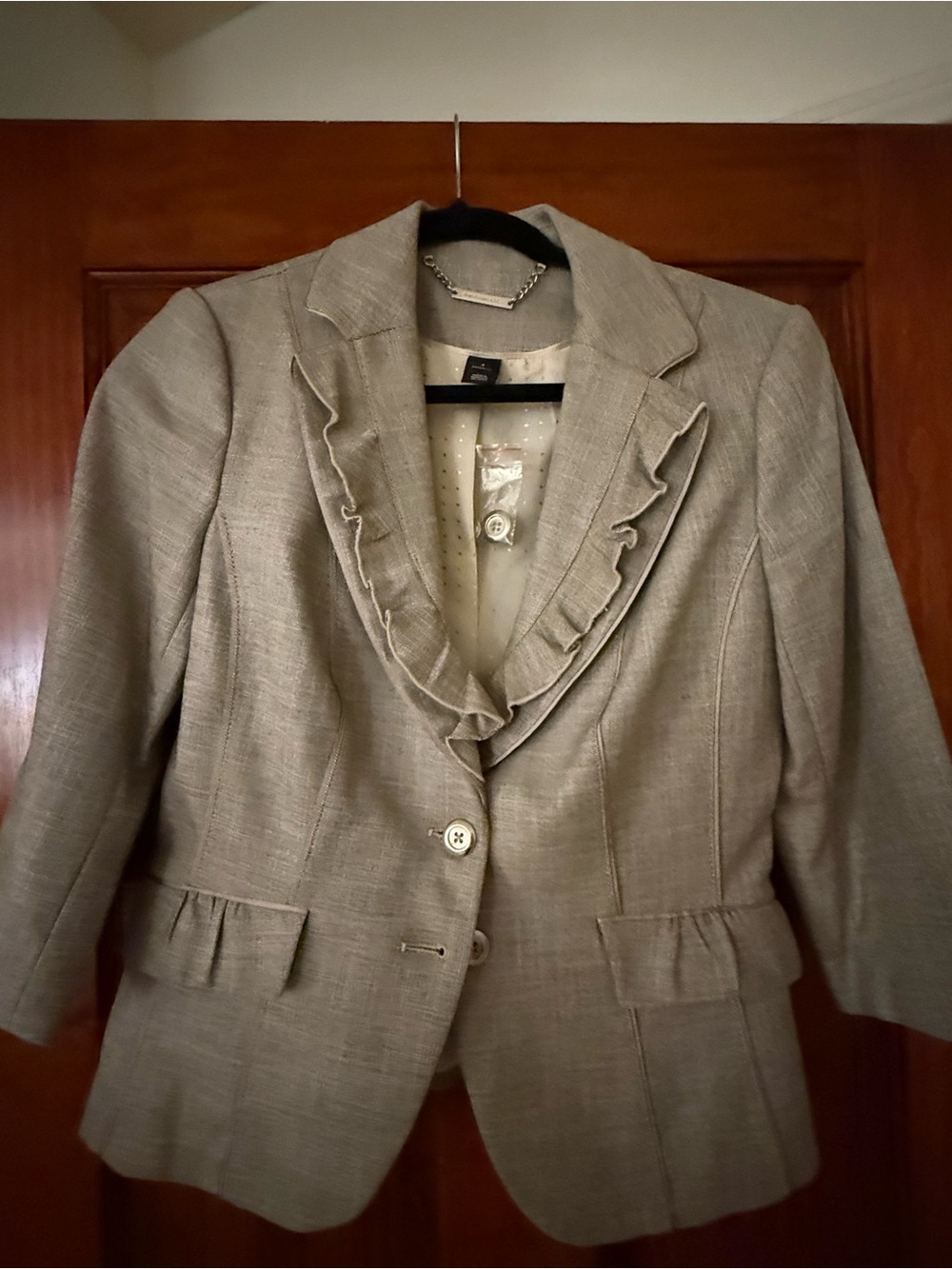 White House Black Market Taupe Ruffle-Trim Blazer